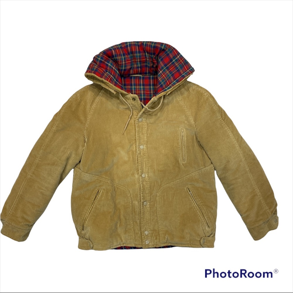 Vintage Corduroy Coat Plaid Lining Fold Down Hood Winter Coat Unique Size 42 R
